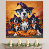 Great Dane Dog Halloween Canvas Wall Art with Pumpkins and Witch Hats Rustic Fall Farmhouse Decor on Ready to Hang 1.5" Thick Canvas Wrap, Floating Framed Canvas, Flat Rolled Canvas